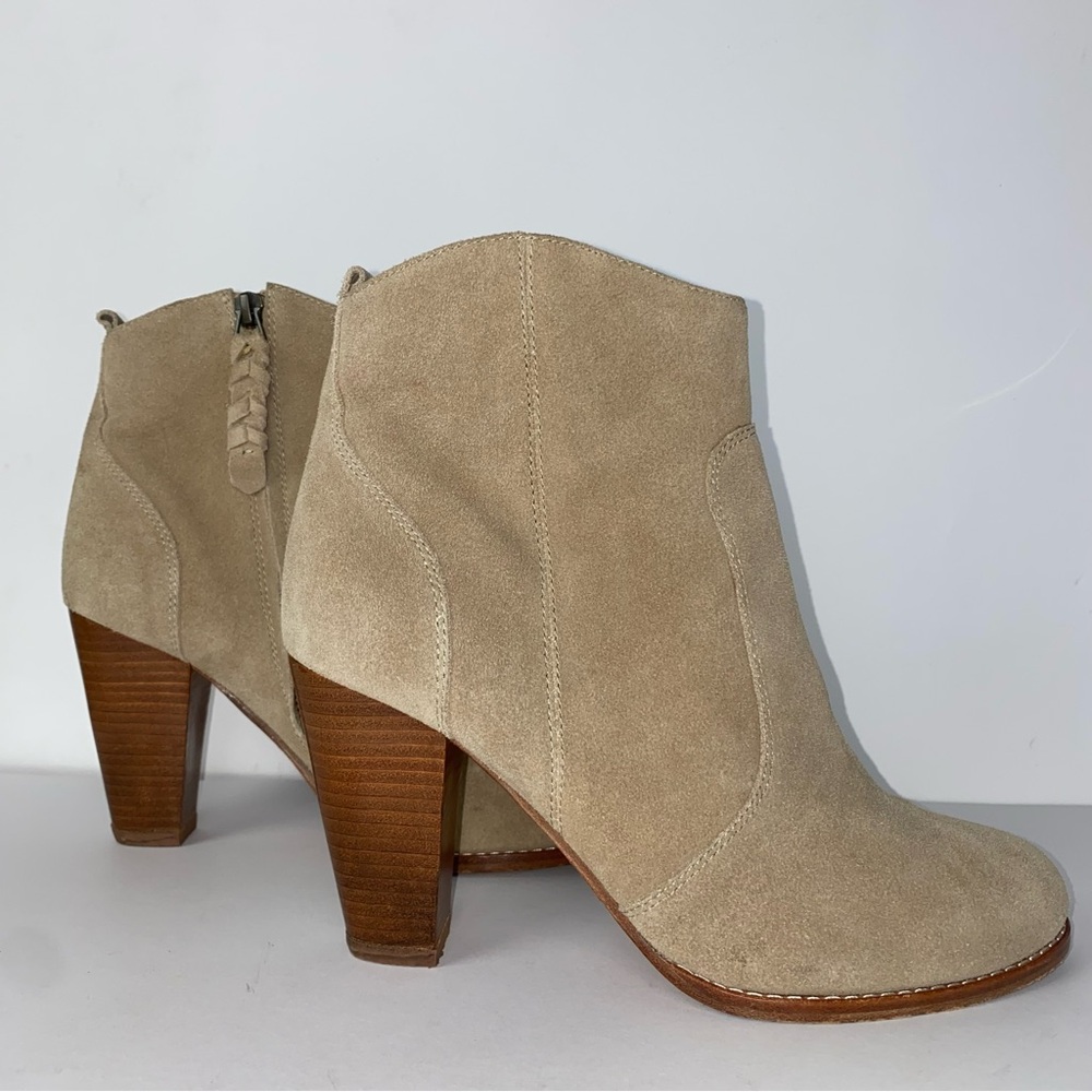 Joie Dalton tan taupe suede wood stack heeled western booties size 9